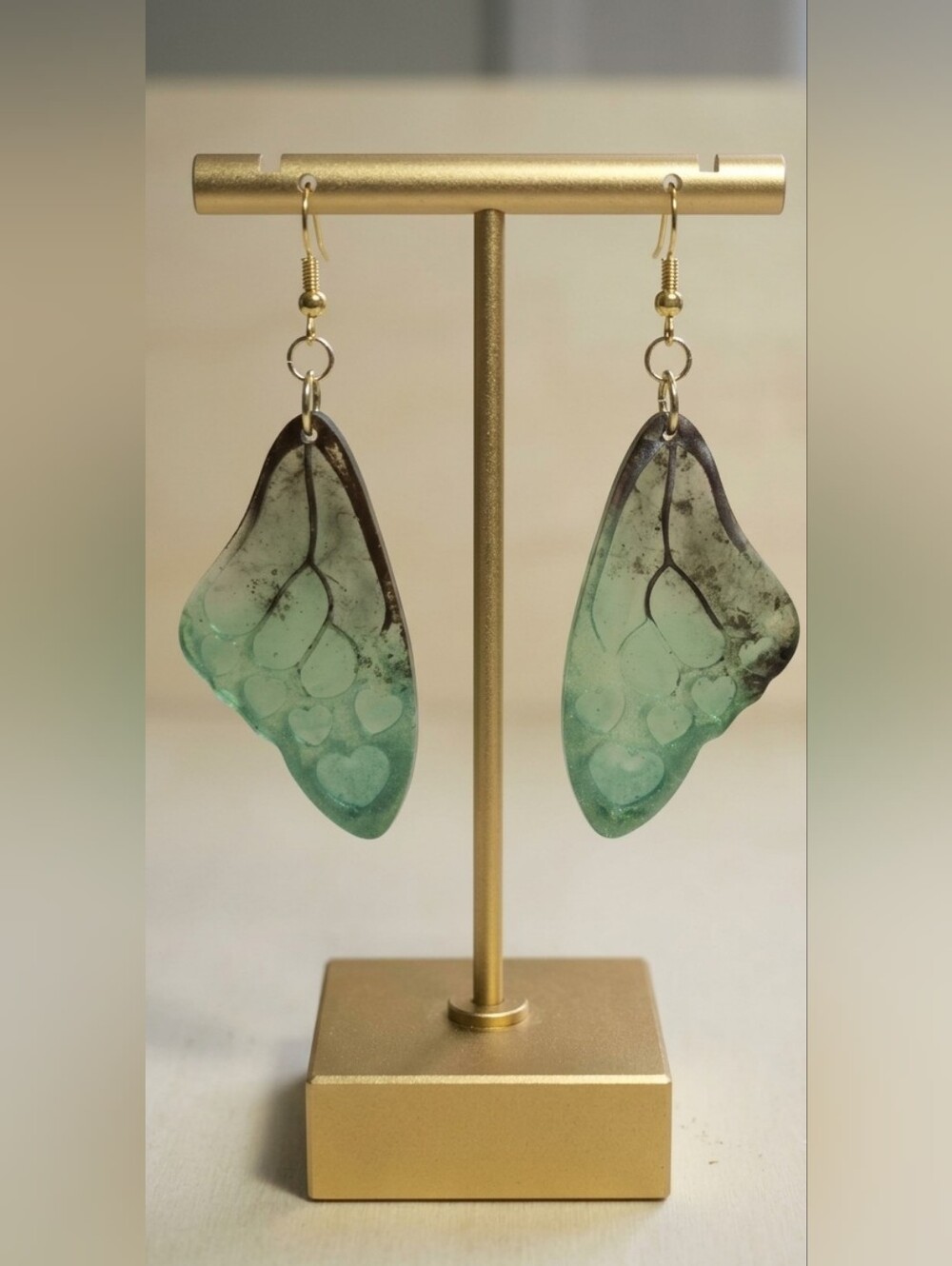 Green Butterfly Wing Dangle Earrings with Heart Cutouts | Hypoallergenic